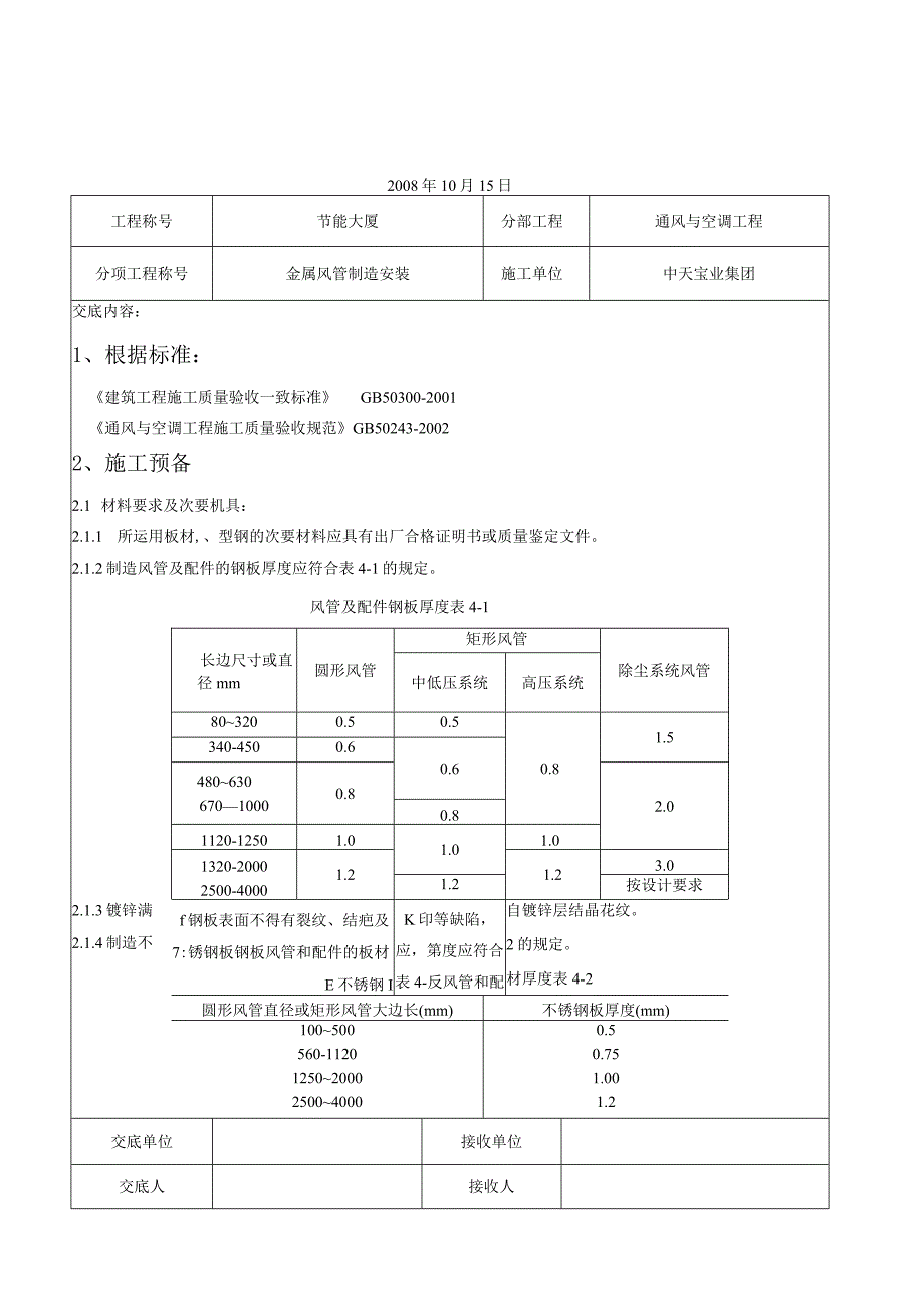 工程施工金属风管制作安装施工交底记录.docx_第1页