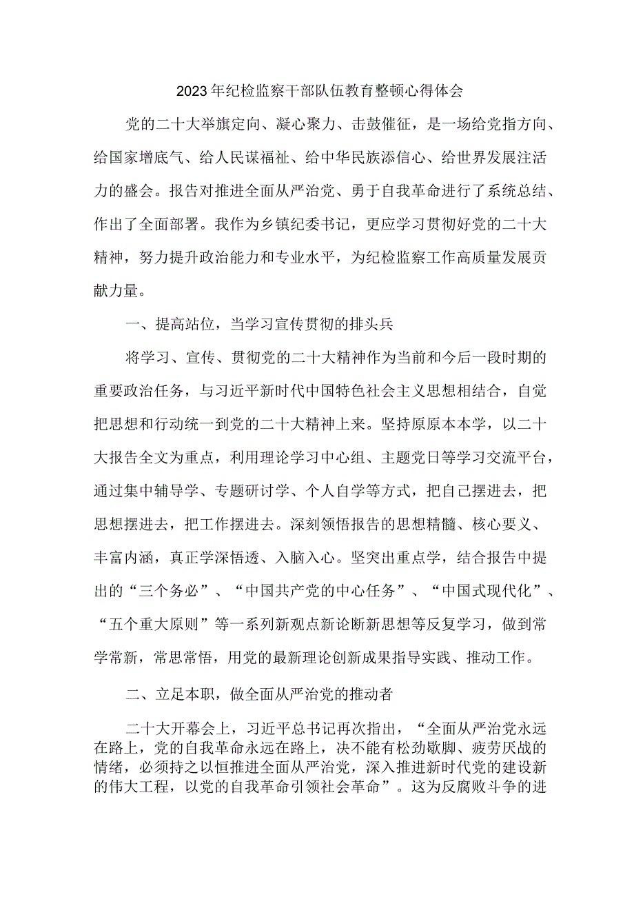 市区街道社区2023年纪检监察干部队伍教育整顿个人心得体会 汇编4份.docx_第1页