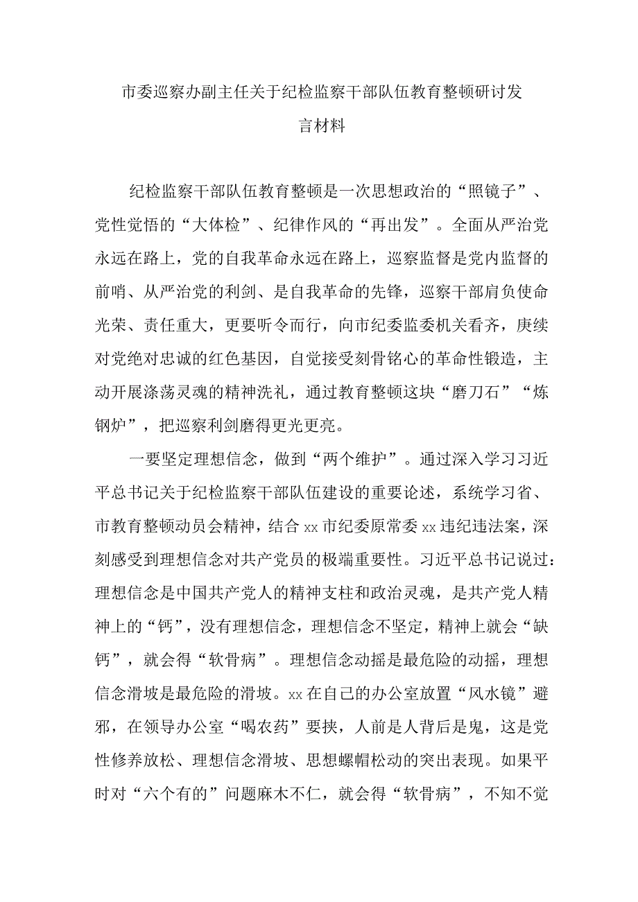 市委巡察办副主任关于纪检监察干部队伍教育整顿研讨发言材料.docx_第1页