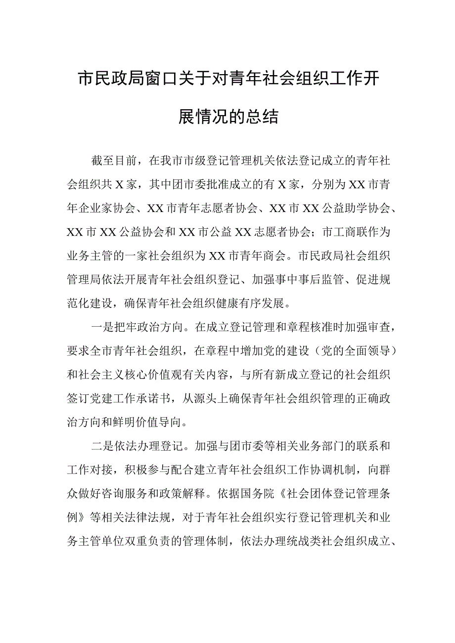 市民政局窗口关于对青年社会组织工作开展情况的总结.docx_第1页