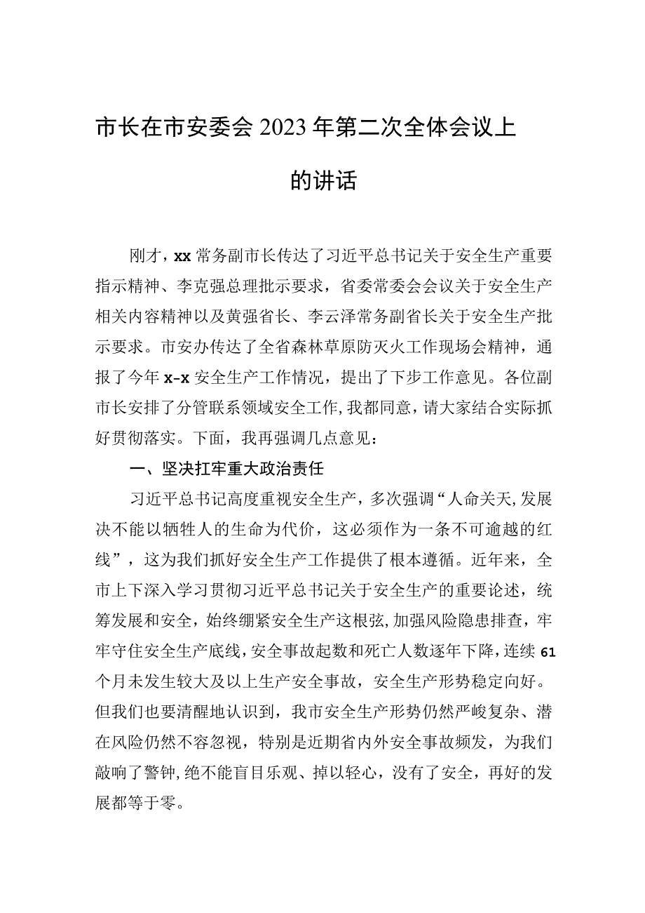 市长在市安委会2023年第二次全体会议上的讲话.docx_第1页