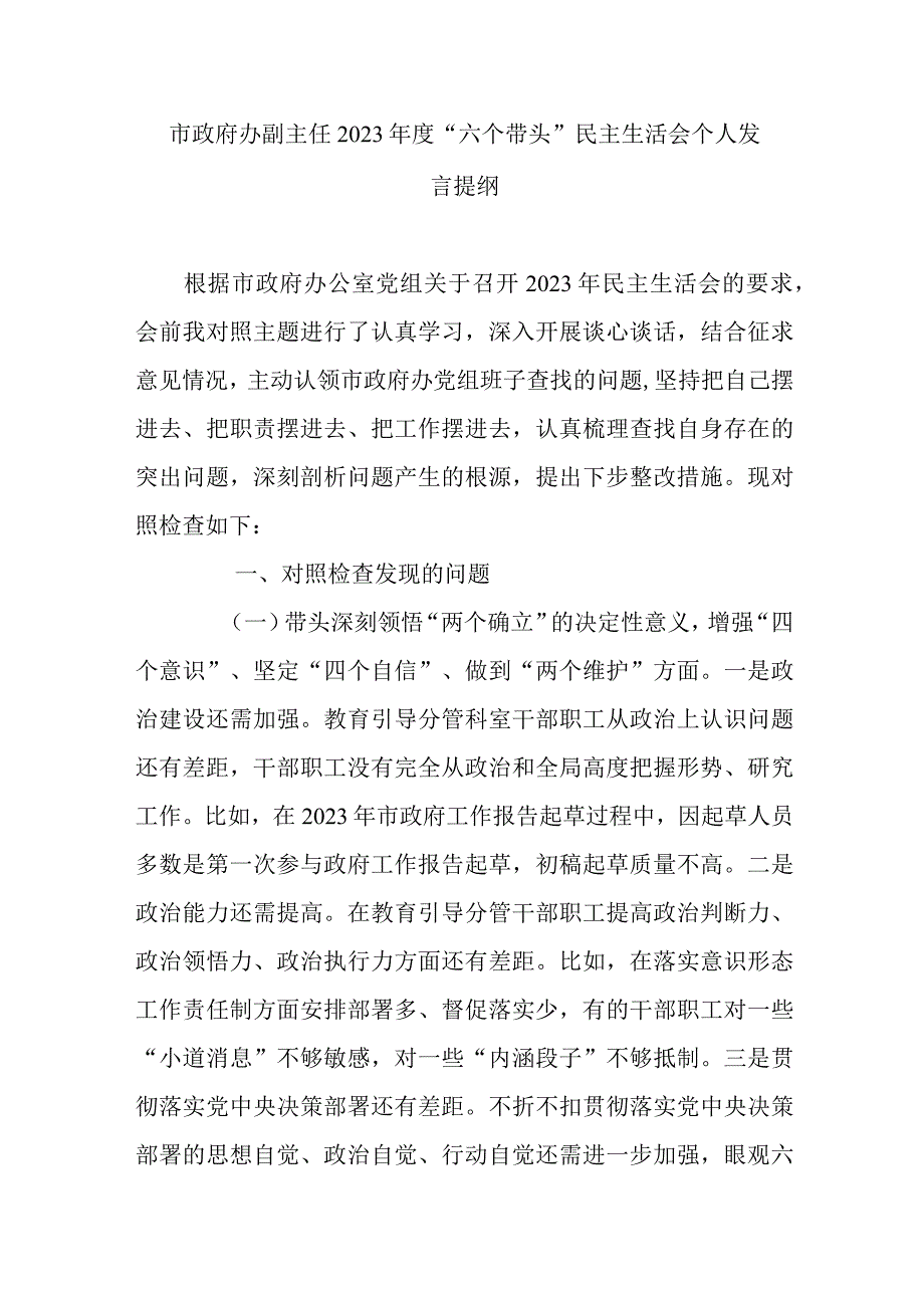 市政府办副主任2023年度六个带头民主生活会个人发言提纲.docx_第1页