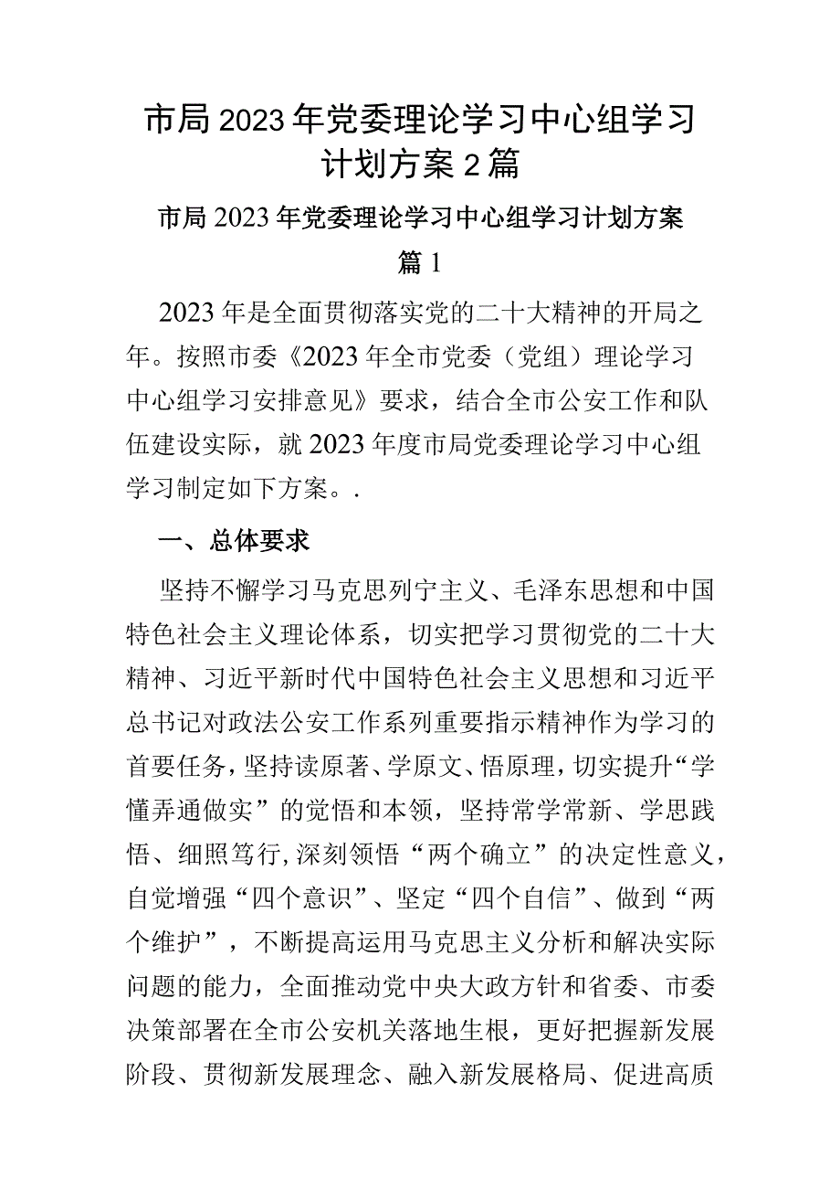 市局2023年党委理论学习中心组学习计划方案2篇.docx_第1页