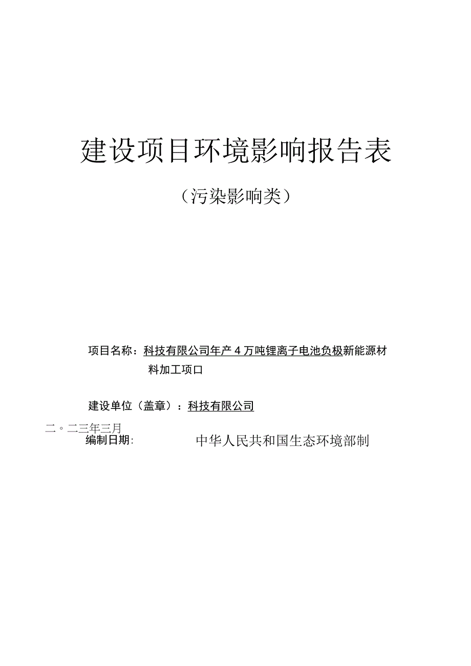 年产4万吨锂离子电池负极新能源材料加工项目环评报告.docx_第1页