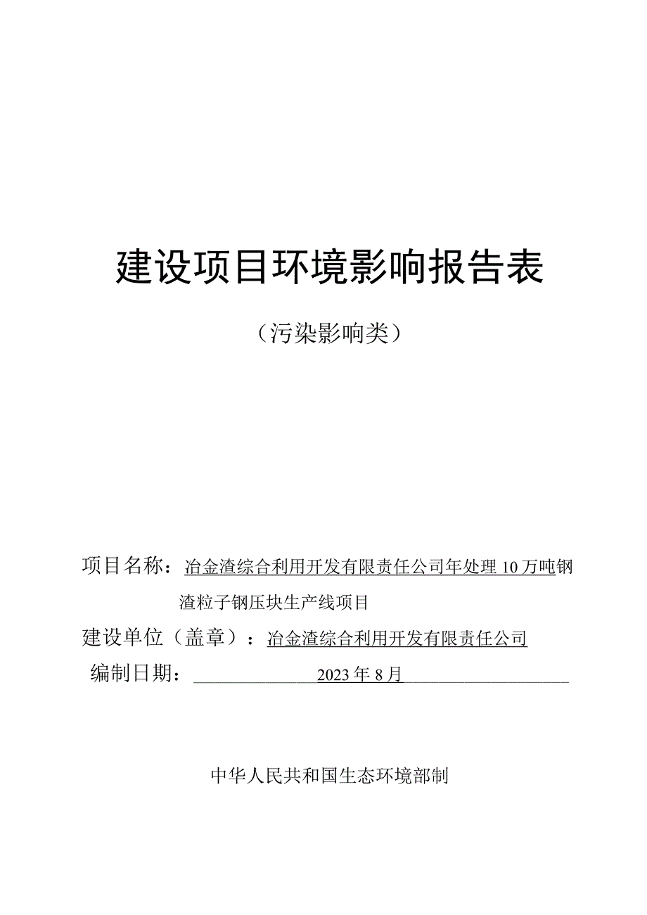 年处理10万吨钢渣粒子钢压块生产线项目环评报告.docx_第1页