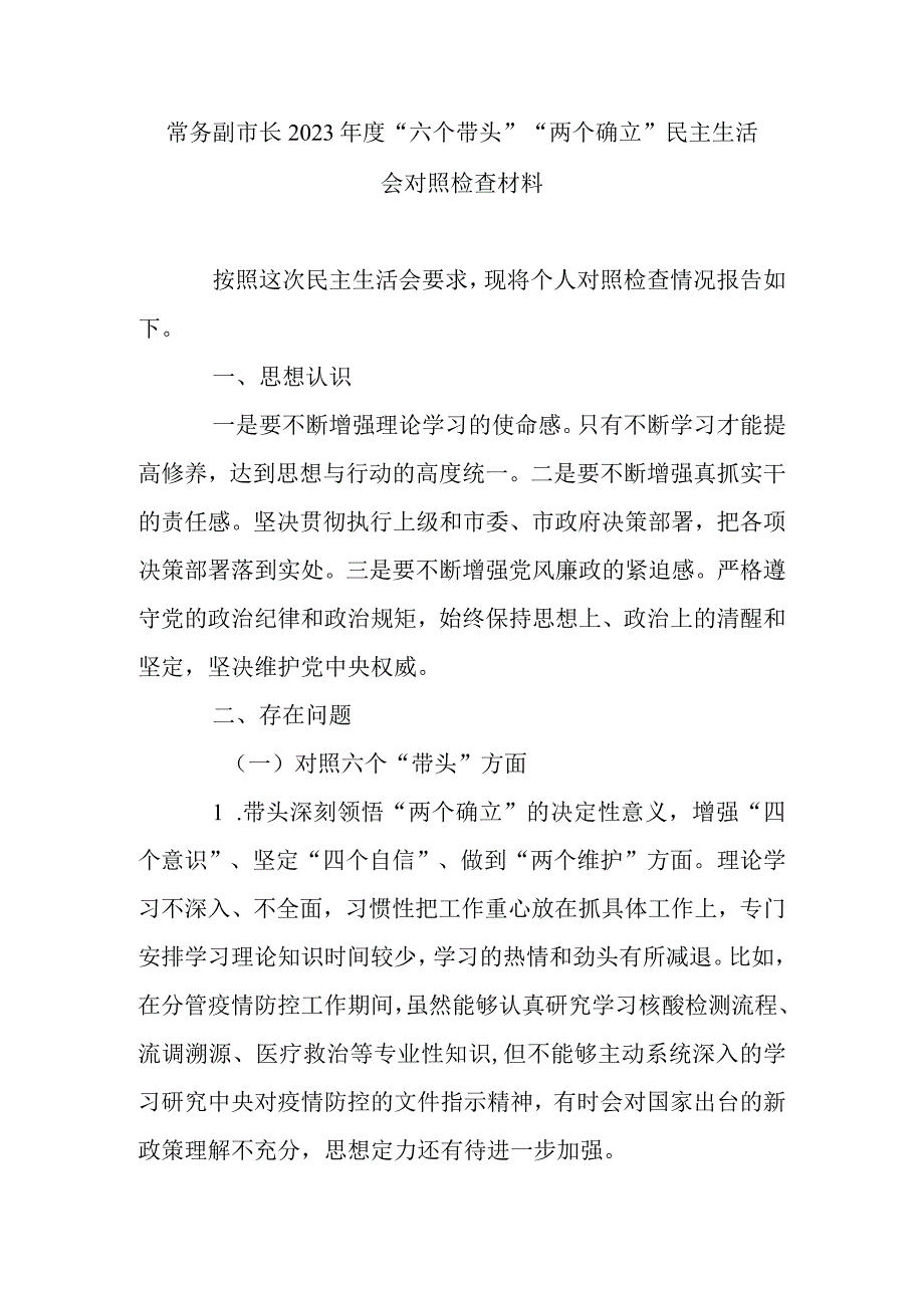 常务副市长2023年度六个带头两个确立民主生活会对照检查材料.docx_第1页