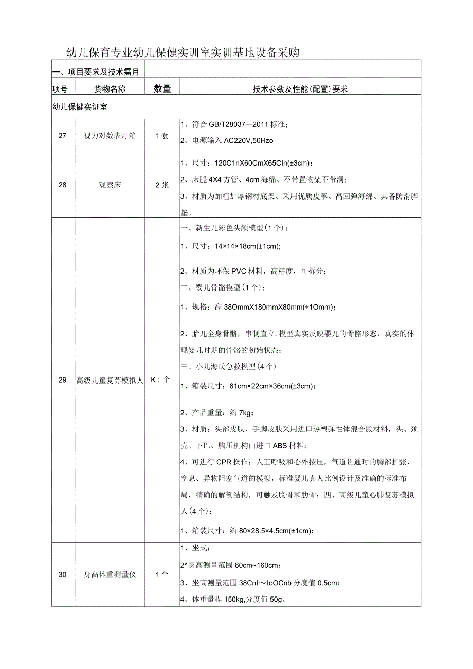 幼儿保育专业幼儿保健实训室实训基地设备采购.docx_第1页