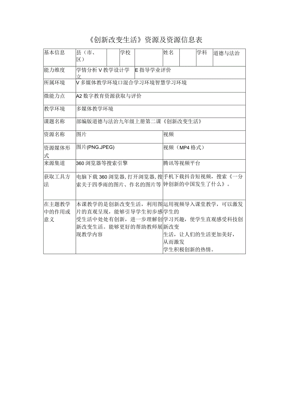 A2数字教育资源获取与评价作业资源及资源信息表《创新改变生活》道法.docx_第1页