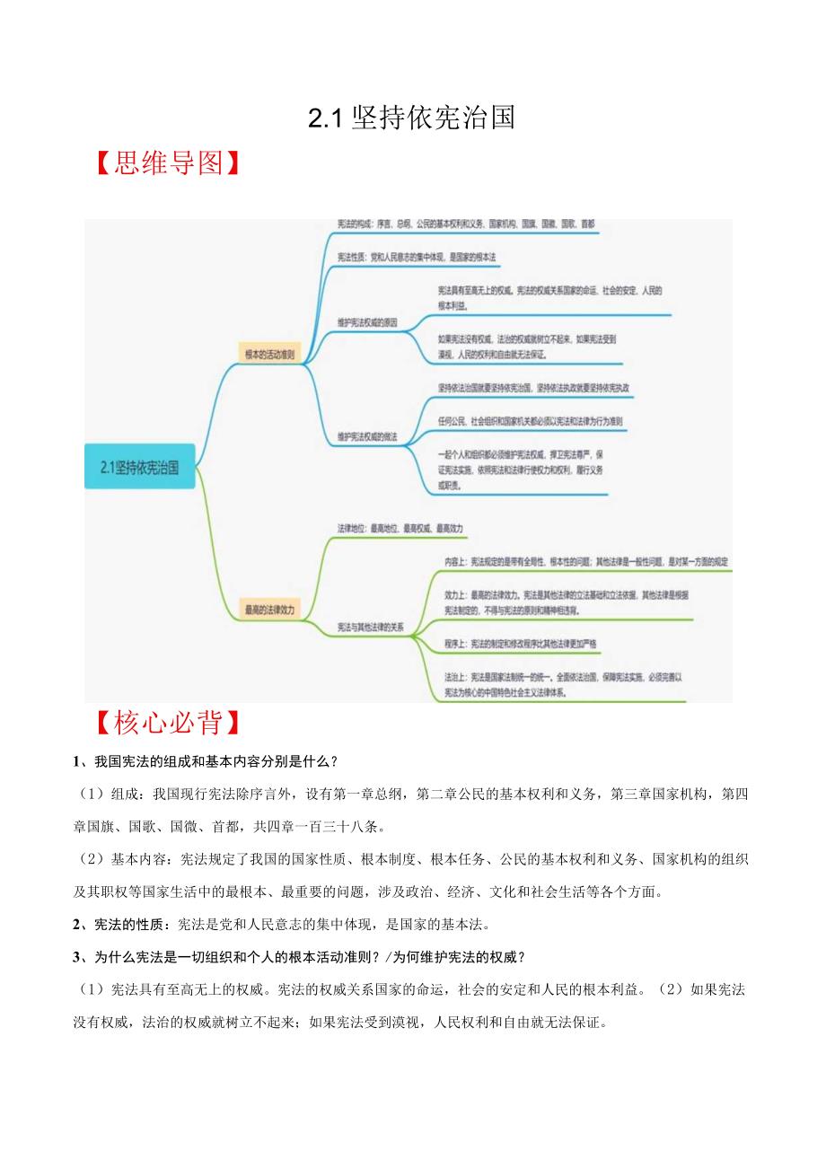 21 坚持依宪治国2023年八年级道德与法治下册思维导图+核心必背（部编版）.docx_第1页