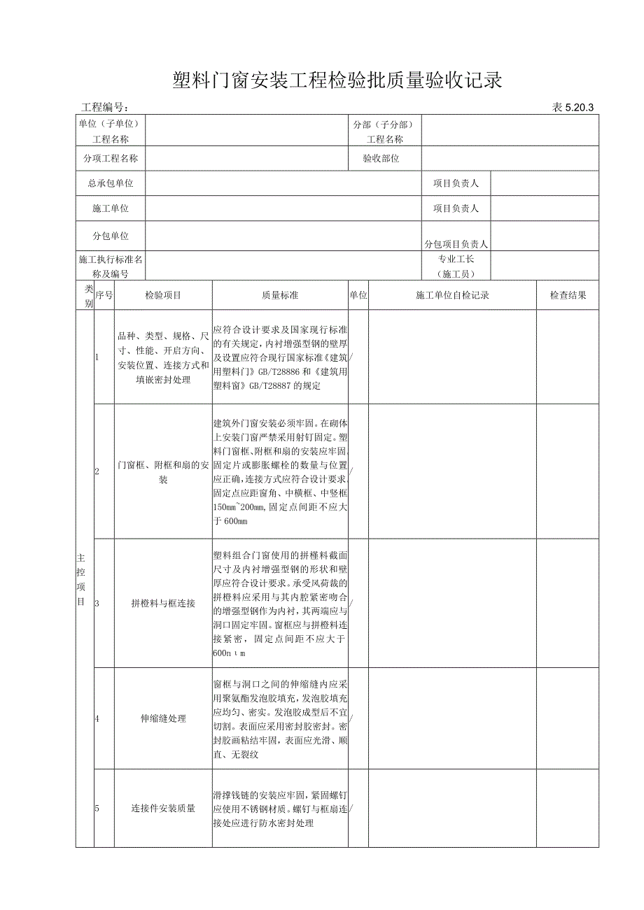 5203 塑料门窗安装工程检验批质量验收记录.docx_第1页