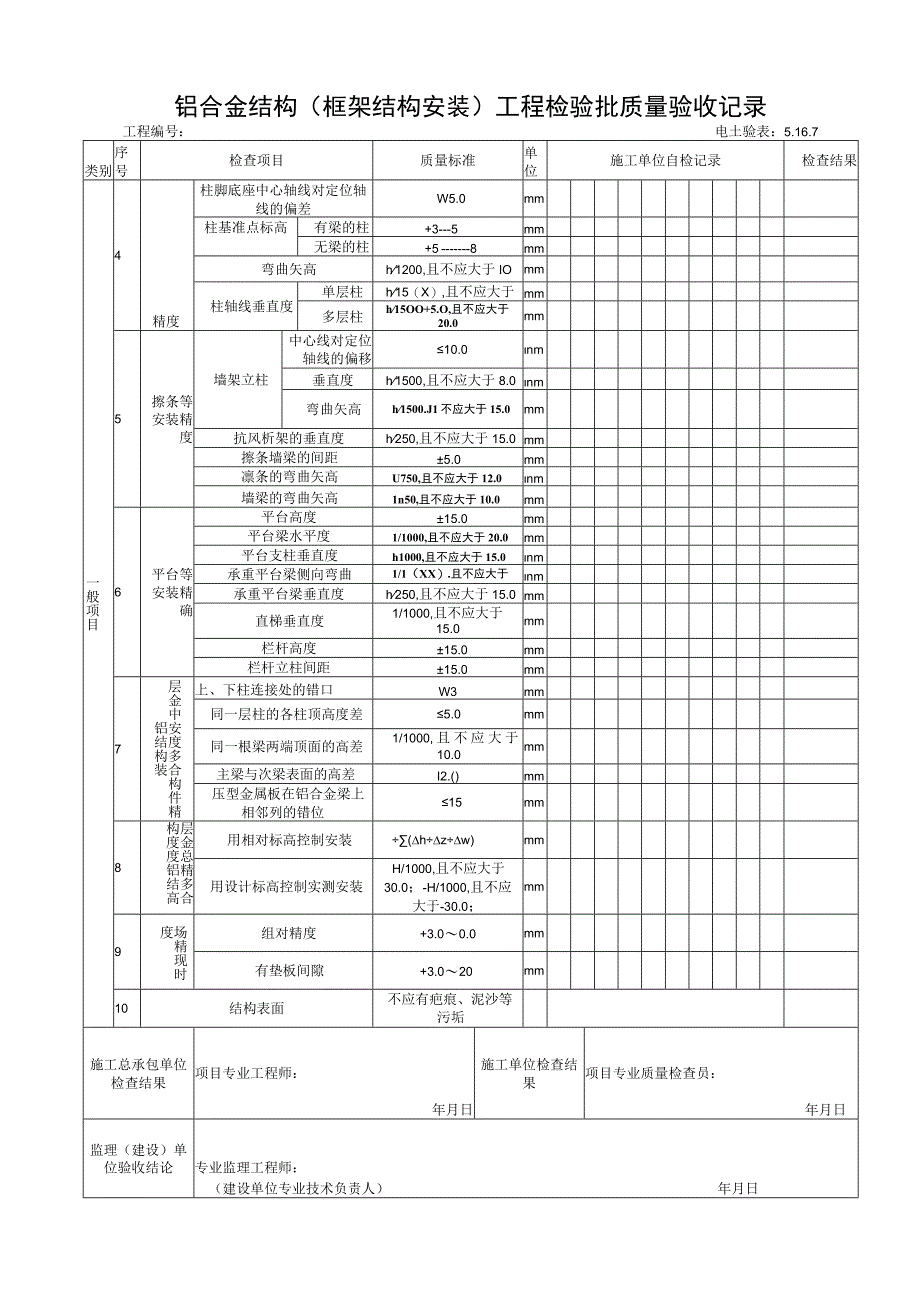 5167铝合金结构（框架结构安装）工程检验批质量验收记录.docx_第2页