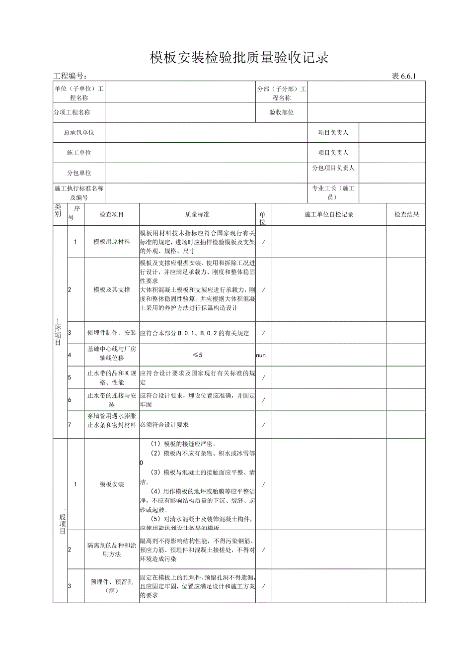 661 模板安装工程检验批验收记录.docx_第1页