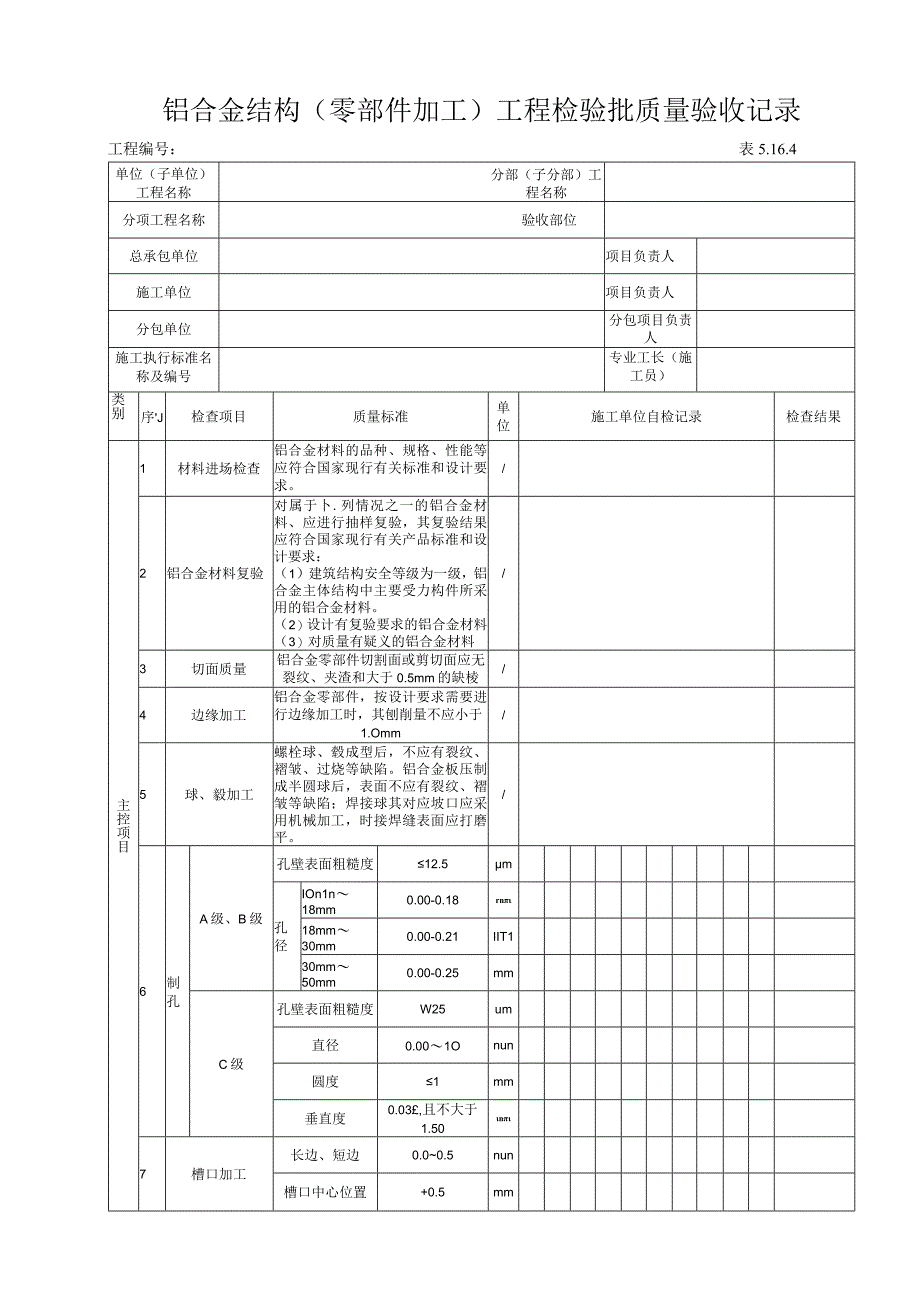 5164铝合金结构零部件加工工程检验批质量验收记录.docx_第1页