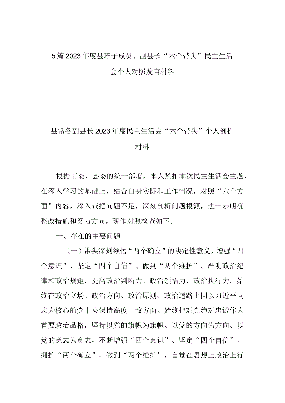 5篇2023年度县班子成员副县长六个带头民主生活会个人对照发言材料.docx_第1页