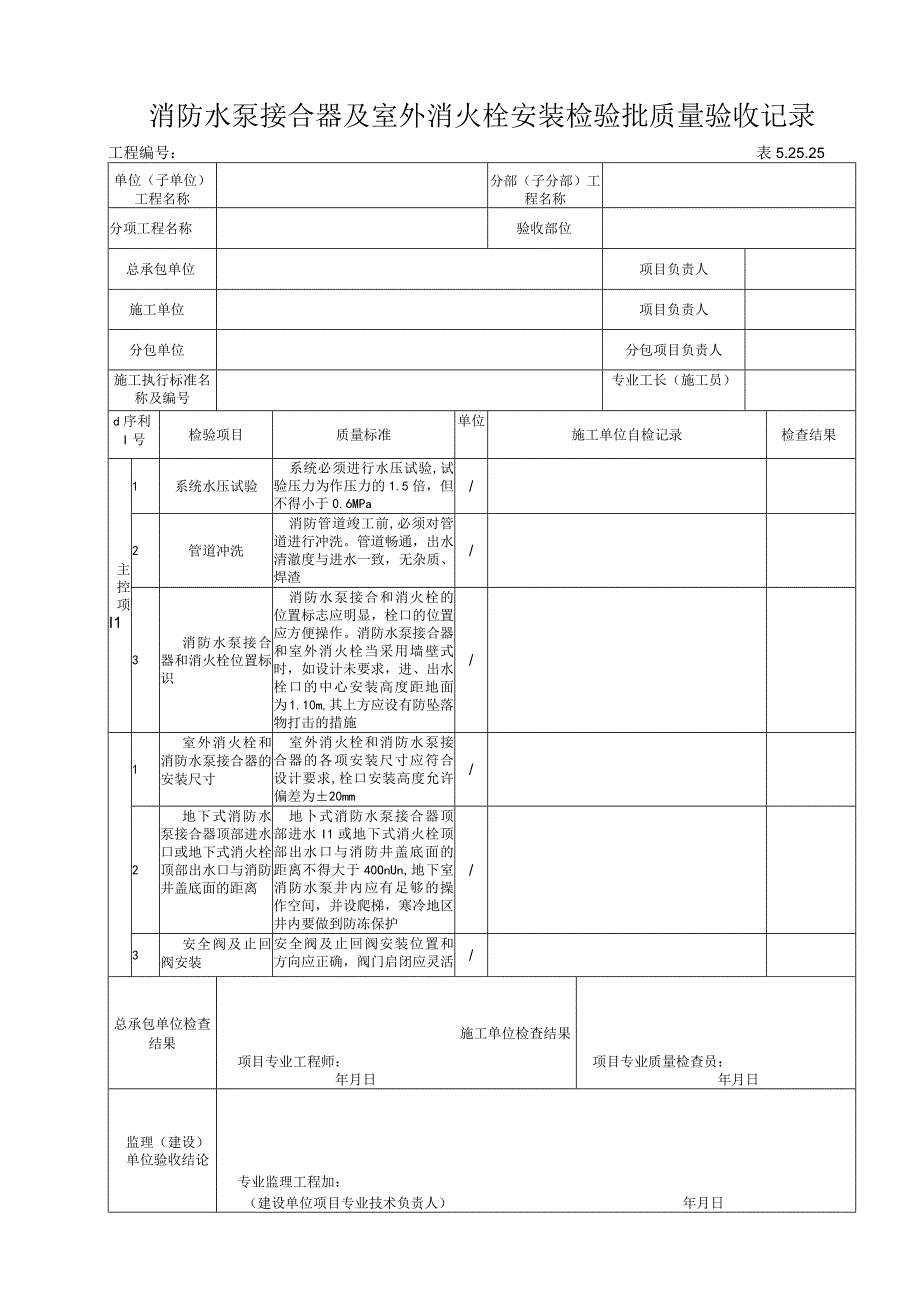 53125消防水泵接合器及室外消火栓安装检验批质量验收记录.docx_第1页