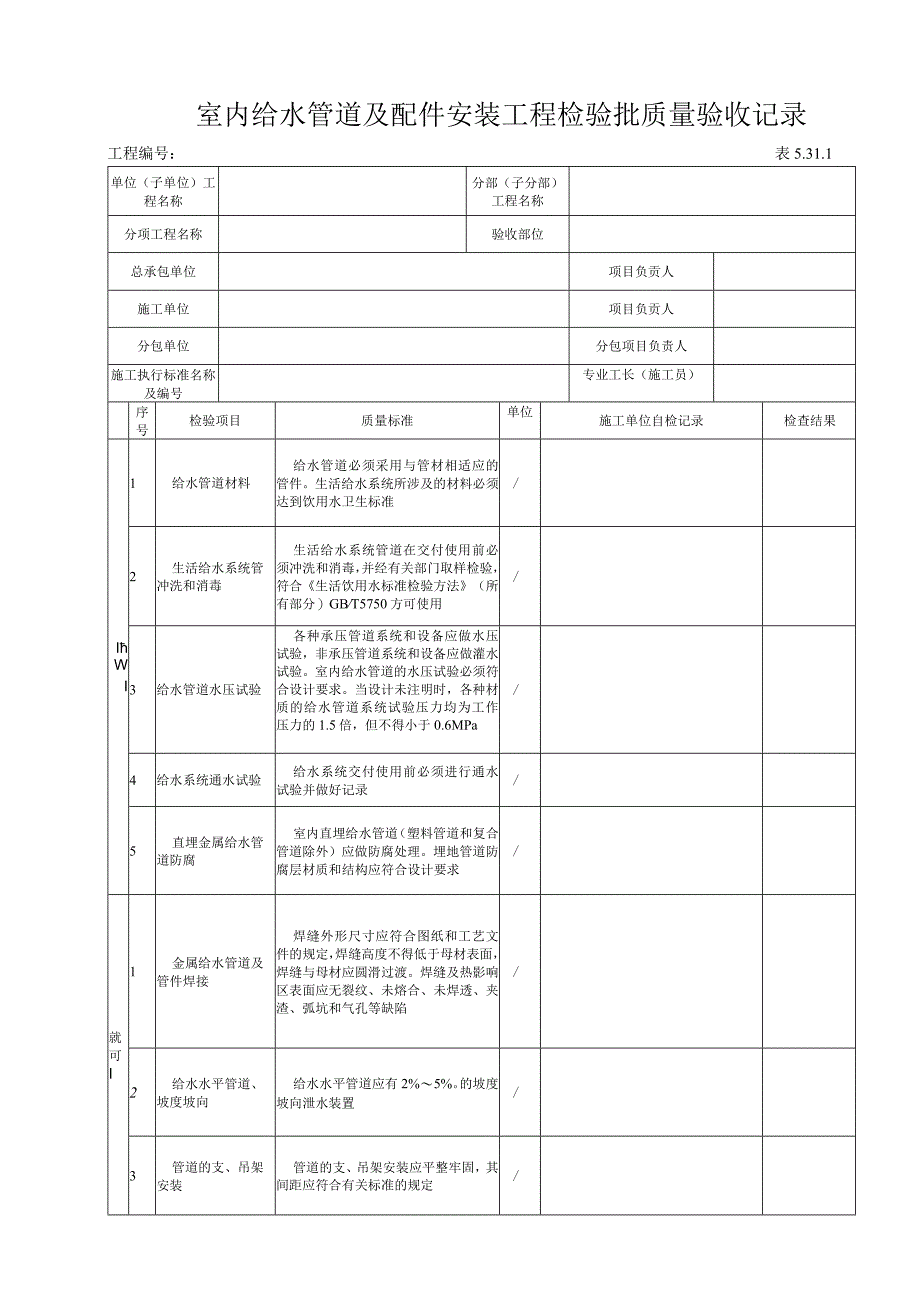 5311室内给水管道及配件安装工程检验批质量验收记录.docx_第1页