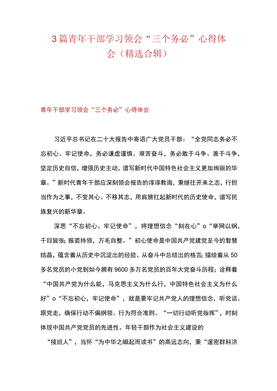 3篇 青年干部学习领会三个务必 心得体会（精选合辑）.docx_第1页