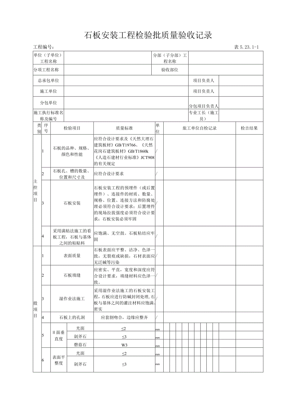 52311 石板安装工程检验批质量验收记录.docx_第1页