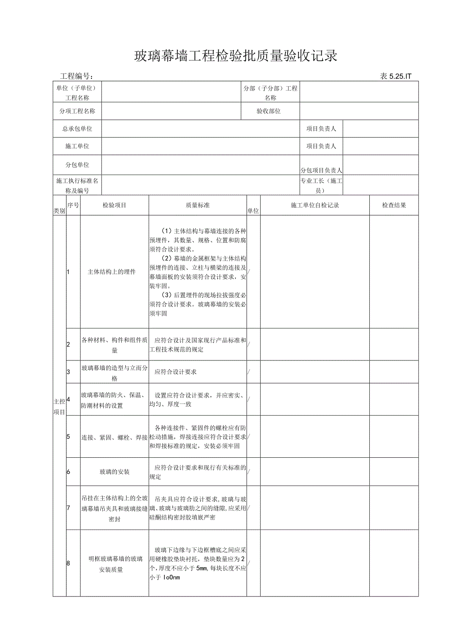 52511 玻璃幕墙工程检验批质量验收记录.docx_第1页