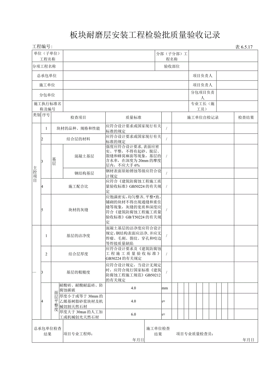 6517 钢板耐磨层安装工程检验批验收记录.docx_第1页