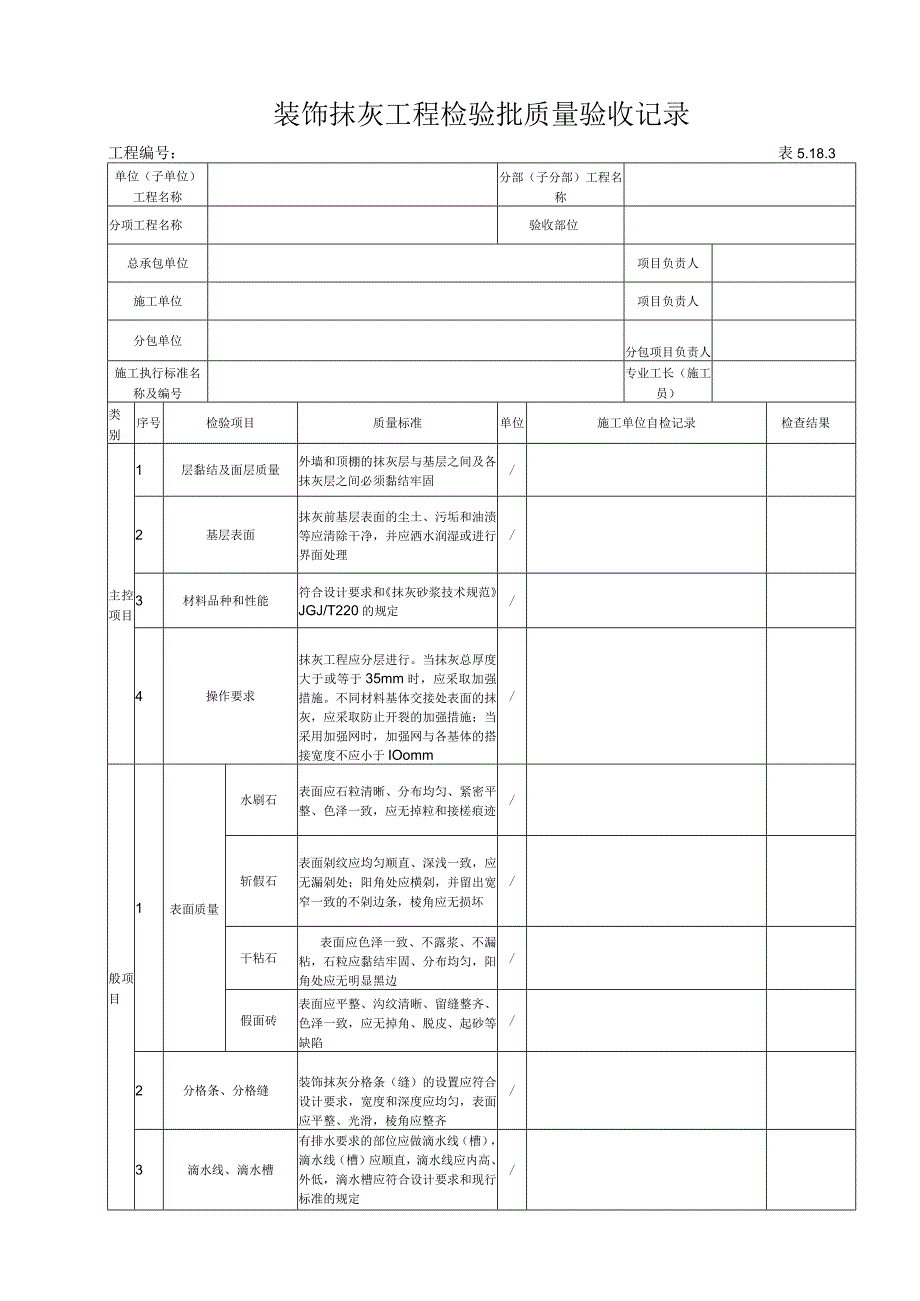 5183 装饰抹灰工程检验批质量验收记录.docx_第1页