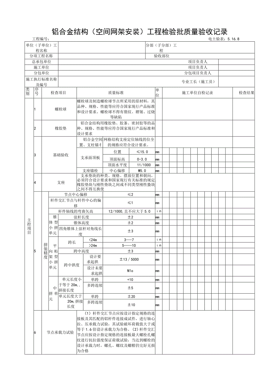 5168铝合金结构（空间网架安装）工程检验批质量验收记录.docx_第1页