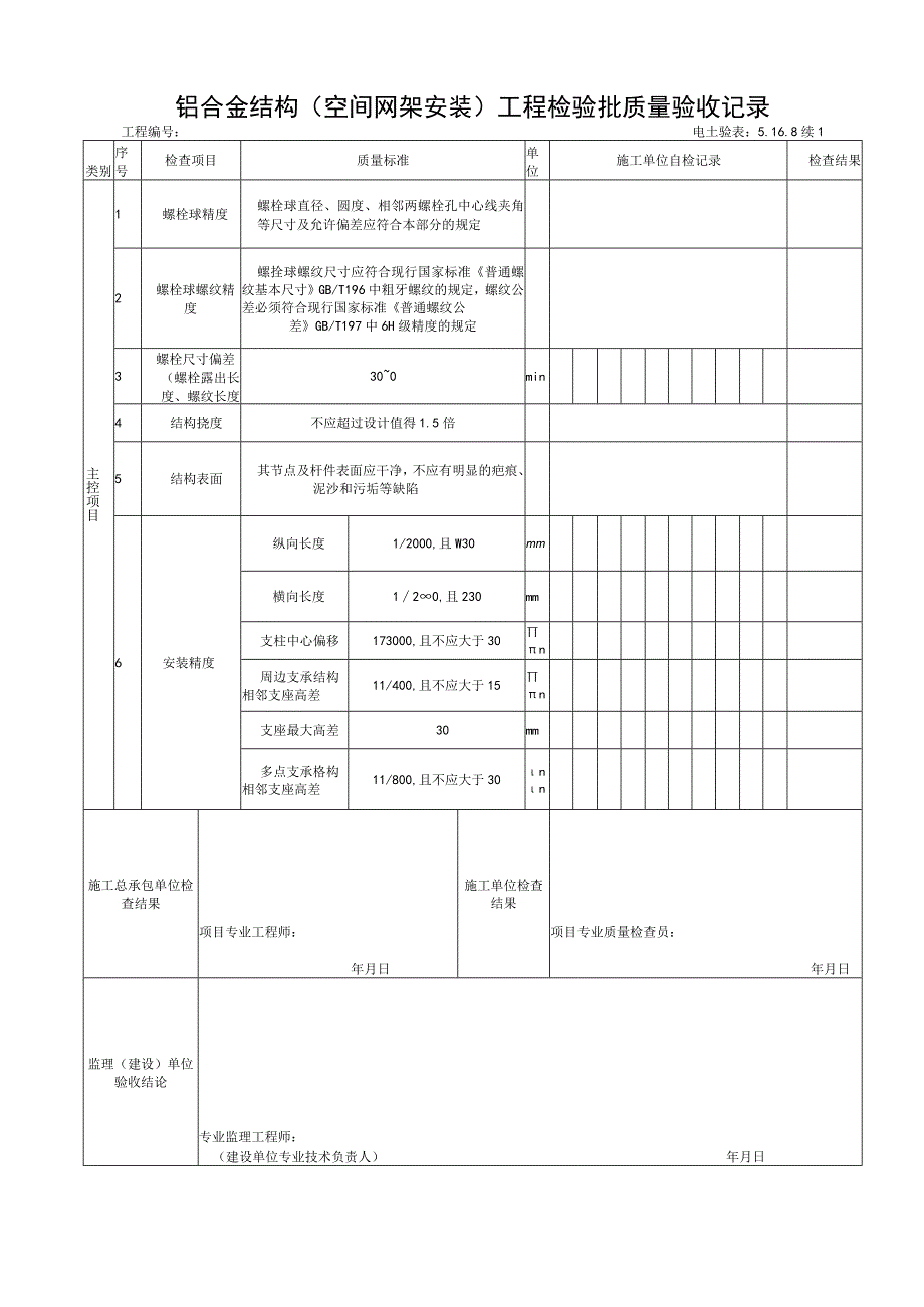 5168铝合金结构（空间网架安装）工程检验批质量验收记录.docx_第2页