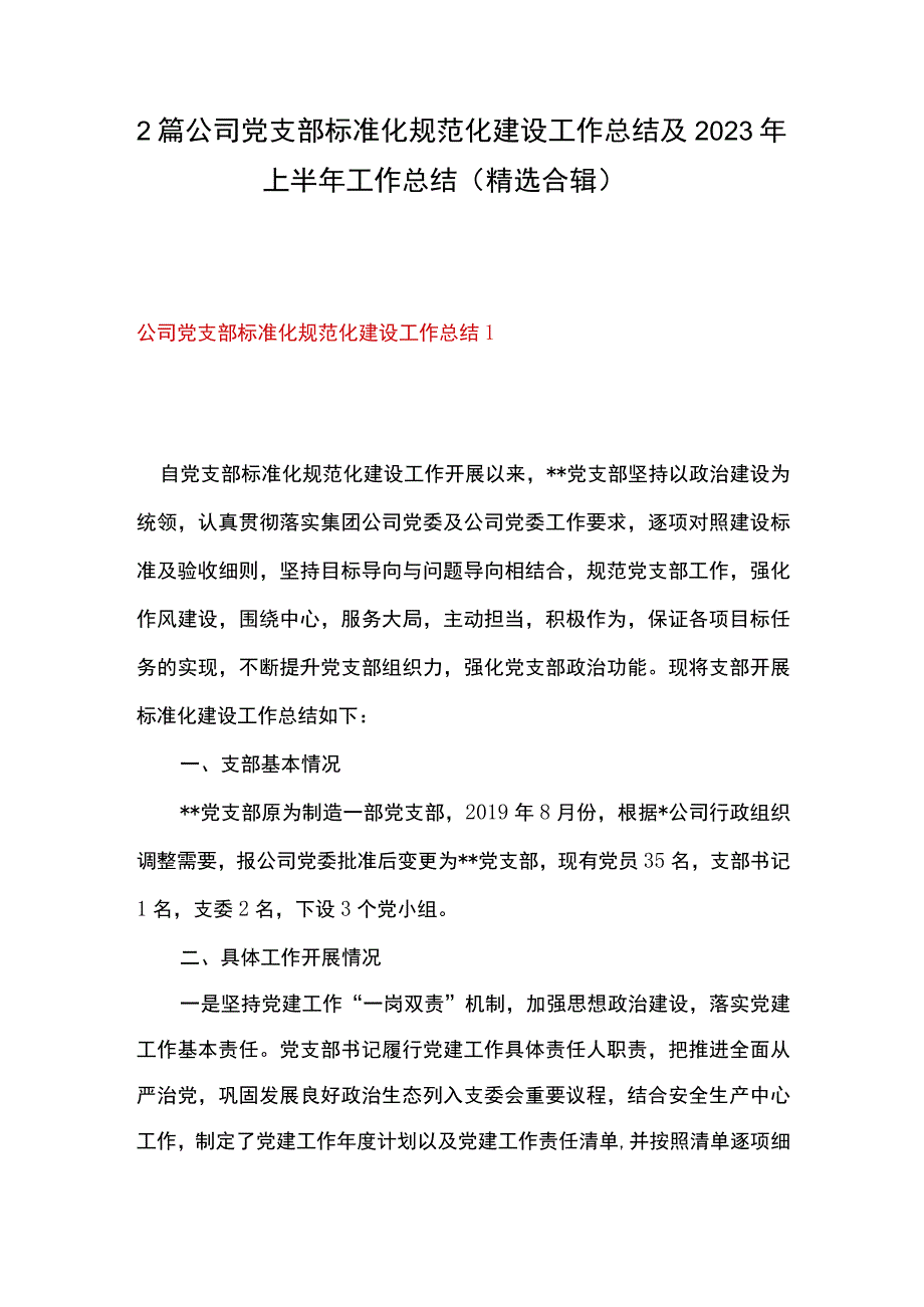 2篇 公司党支部标准化规范化建设工作总结及2023年上半年工作总结（精选合辑）.docx_第1页