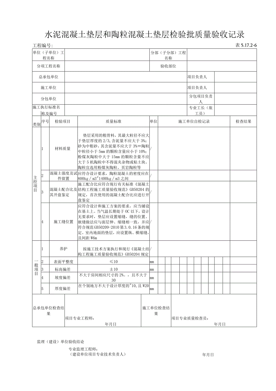 51726 水泥混凝土垫层和陶粒混凝土垫层检验批质量验收记录.docx_第1页