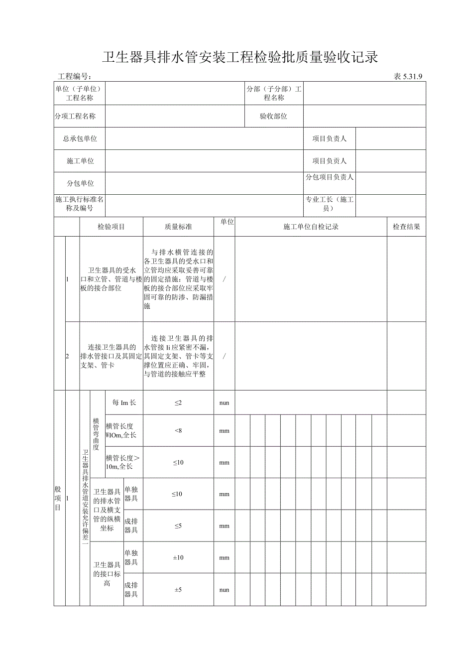 5319卫生器具排水管道安装工程检验批质量验收记录.docx_第1页