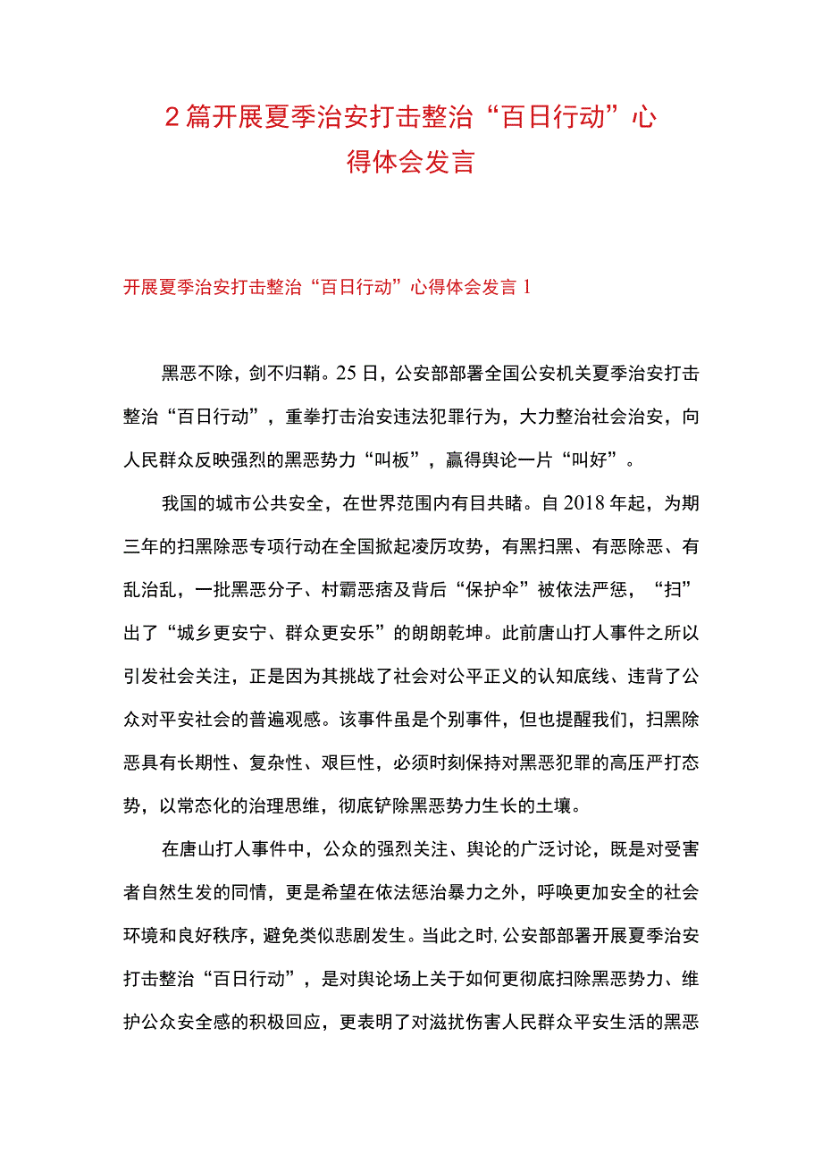 2篇 开展夏季治安打击整治百日 行动心得体会发言.docx_第1页