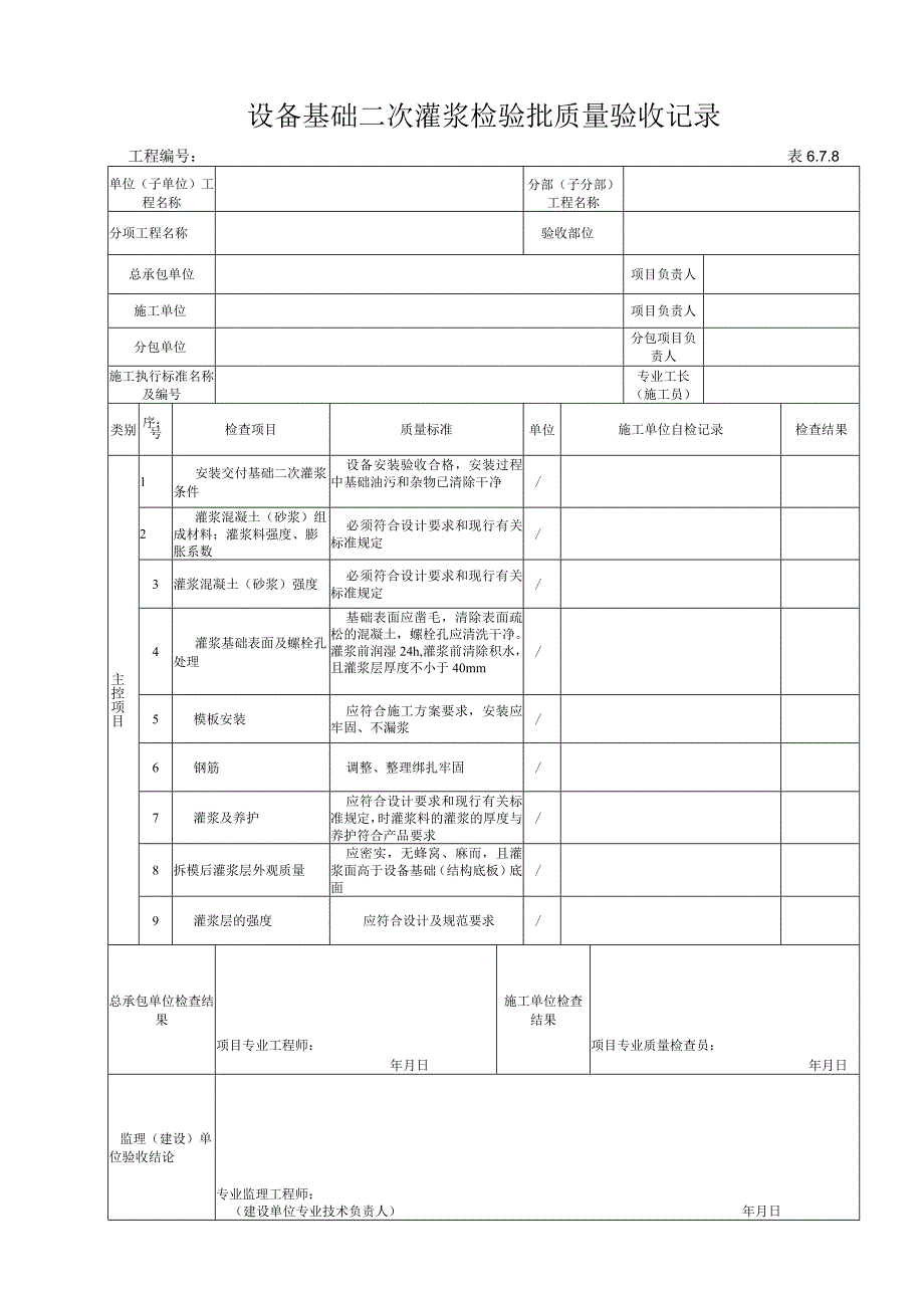 678 设备基础二次灌浆检验批验收记录.docx_第1页