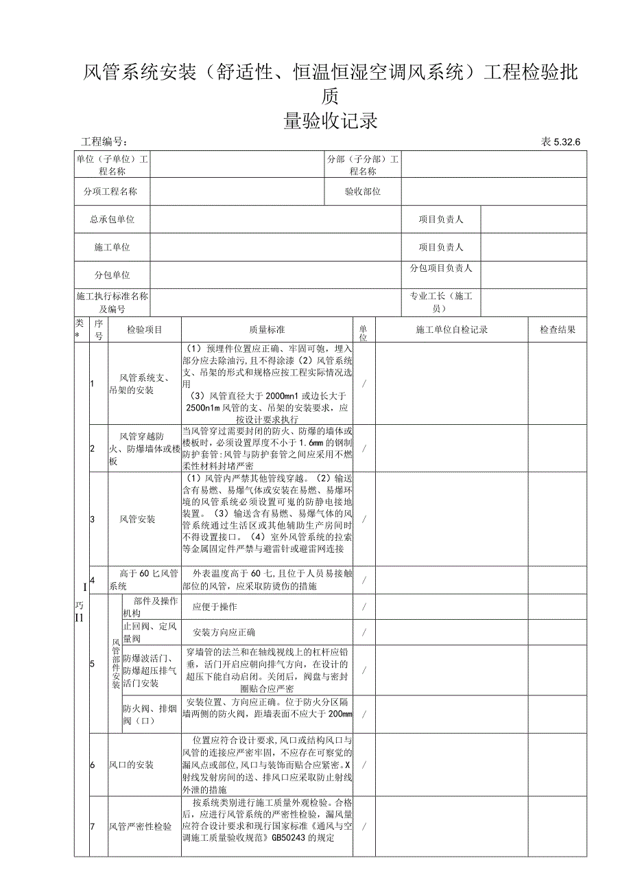 5326风管系统安装（舒适性恒温恒湿空调风系统)工程检验批质量验收记录.docx_第1页
