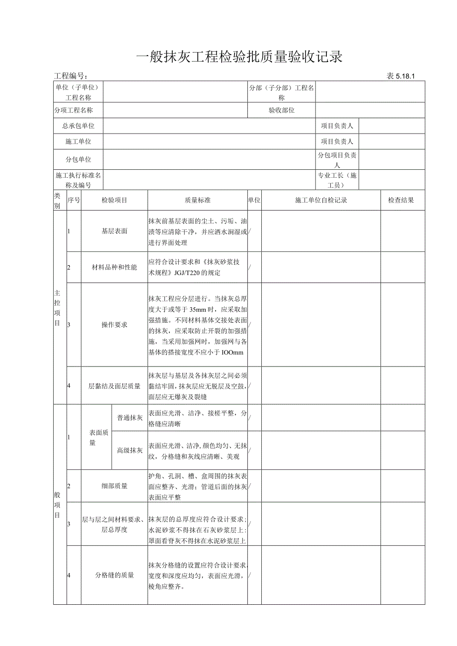 5181 一般抹灰工程检验批质量验收记录.docx_第1页