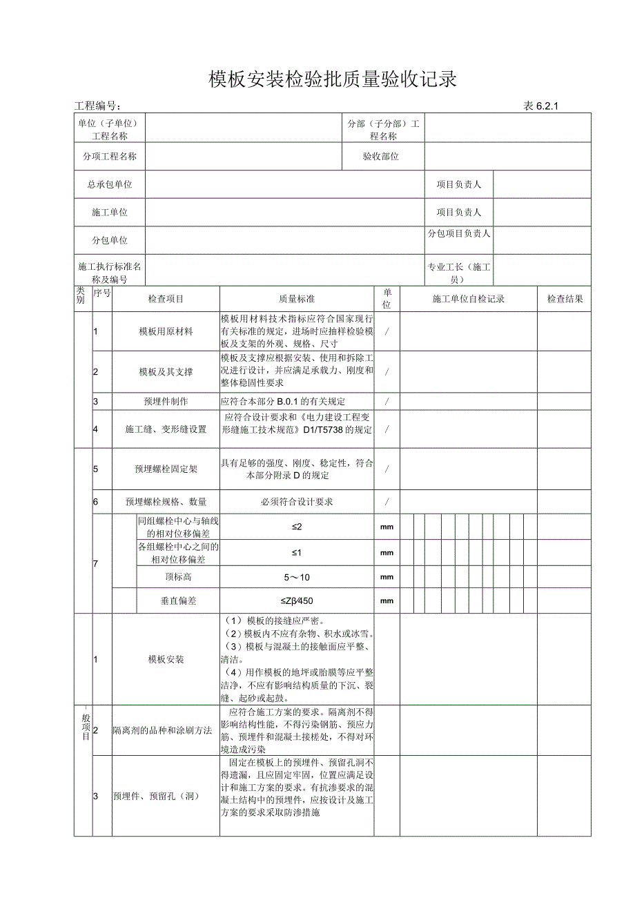 621 模板安装工程检验批验收记录.docx_第1页