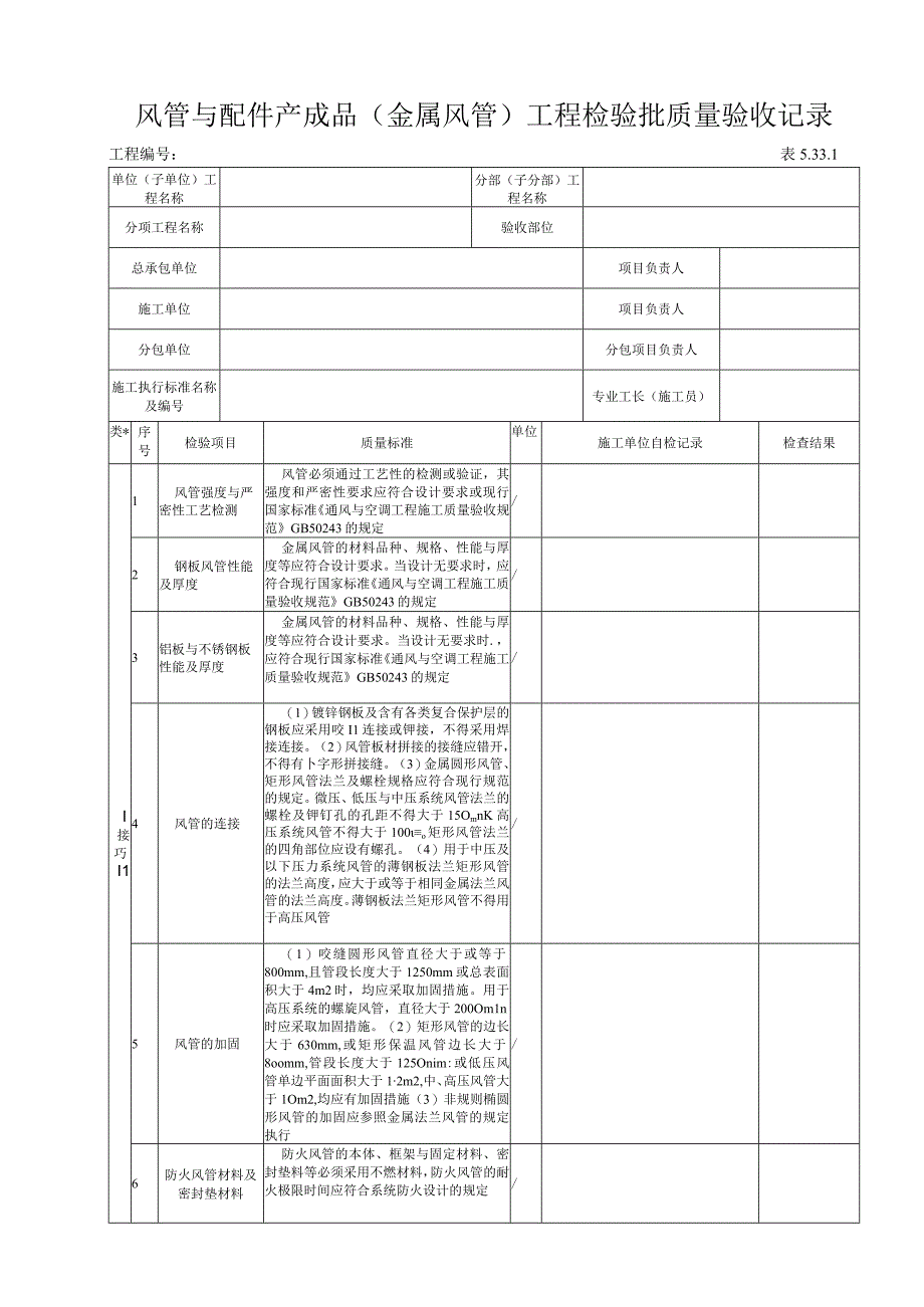 5321风管与配件产成品（金属风管)工程检验批质量验收记录.docx_第1页