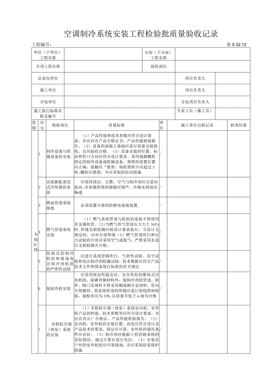 53212空调制冷机组及系统安装（制冷机组及辅助设备)工程检验批质量验收记录.docx_第1页