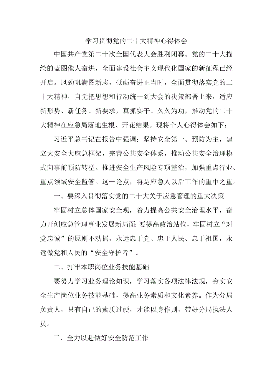 应急管理综合科负责人《学习贯彻党的二十大精神》心得体会 汇编4份.docx_第1页