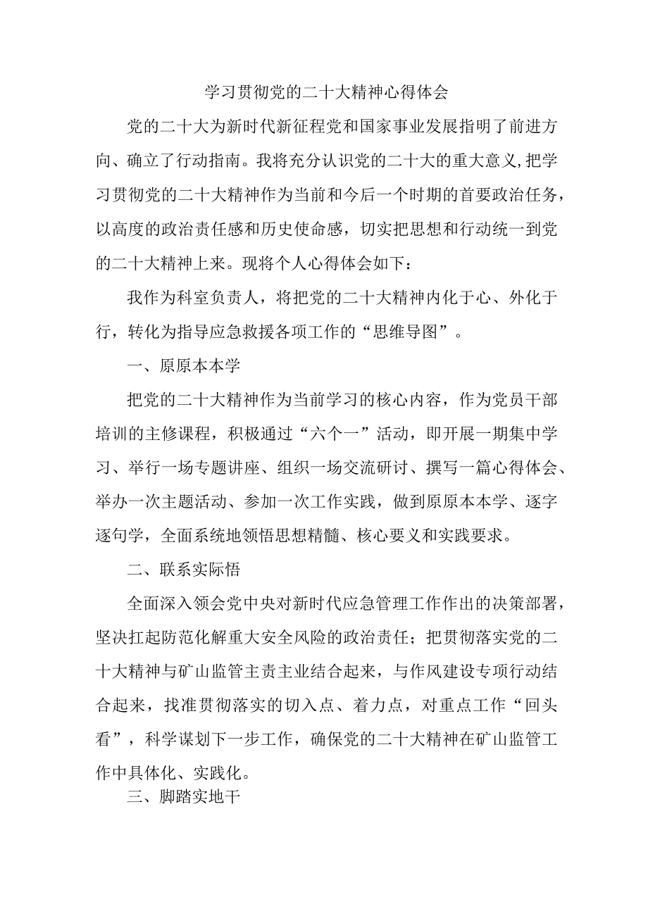 应急管理综合科负责人《学习贯彻党的二十大精神》个人心得体会 汇编8份.docx_第1页