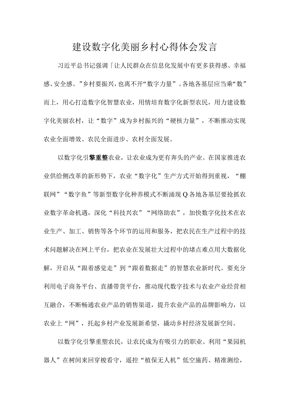 建设数字化美丽乡村心得体会发言.docx_第1页