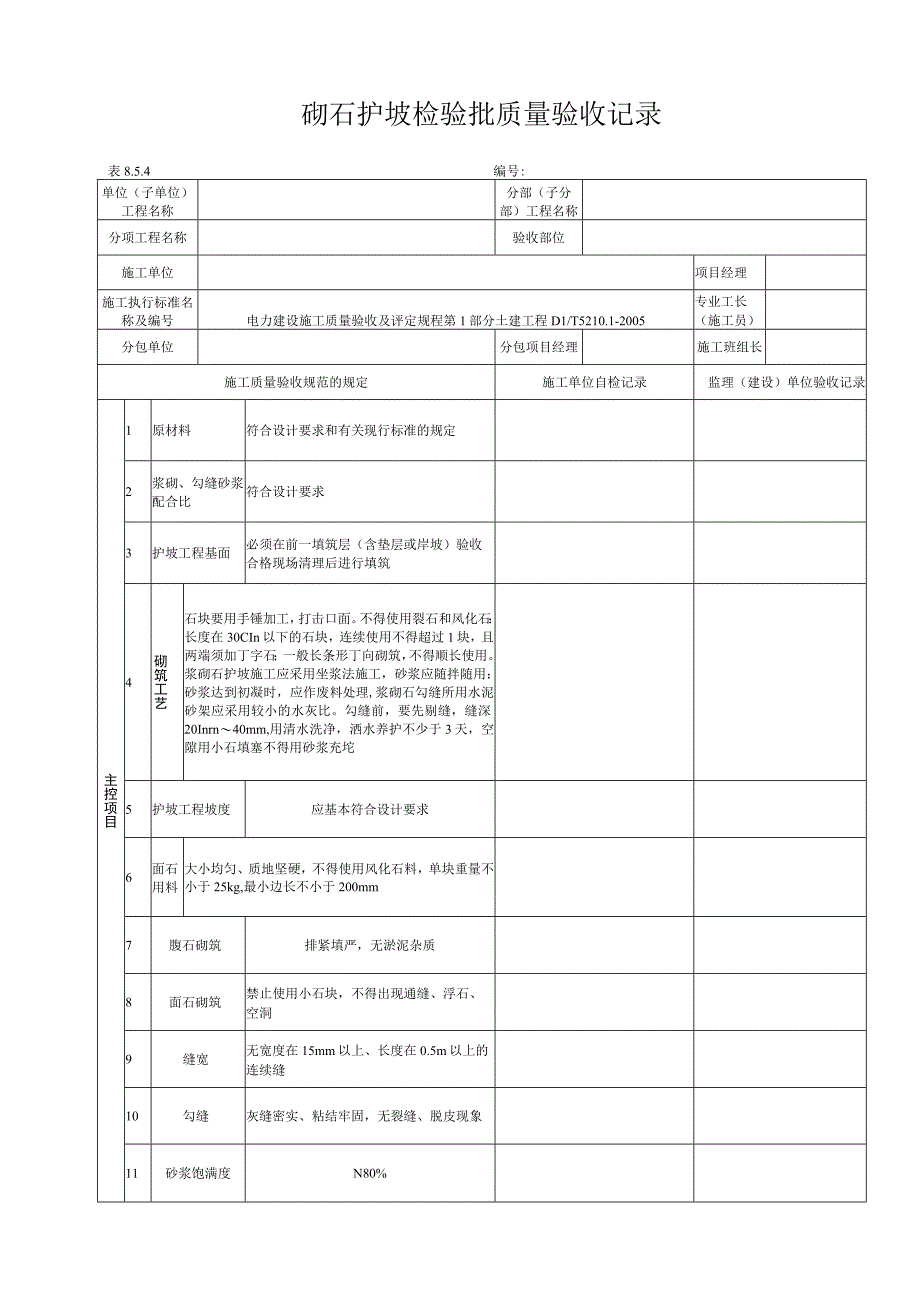 建筑验评表854砌石护坡检验批质量验收记录.docx_第1页