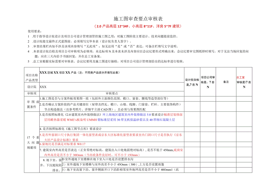 建筑专业住宅20产品施工图审查要点审核表.docx_第1页