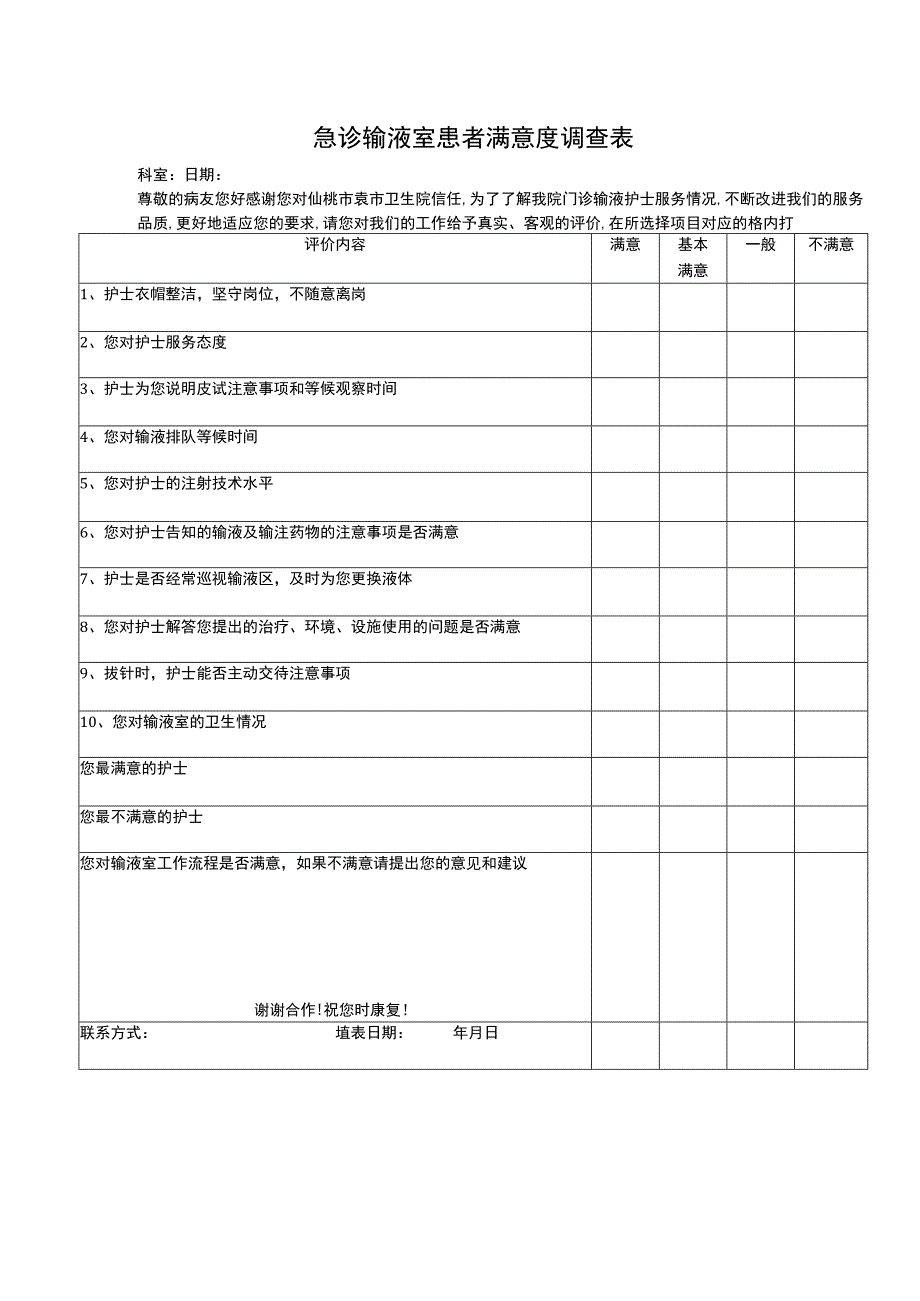 急诊输液室满意度调查表.docx_第1页