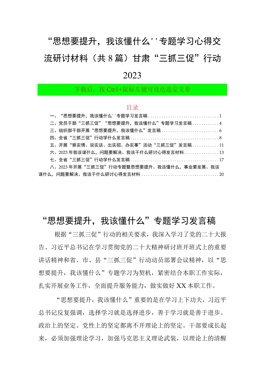 思想要提升我该懂什么专题学习心得交流研讨材料（共8篇）甘肃三抓三促行动2023.docx_第1页