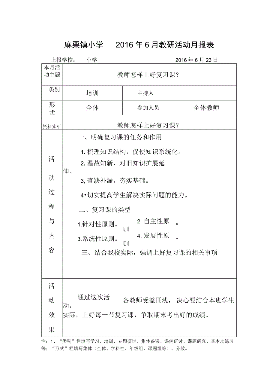 教师怎样上好复习课？校本教研活动6月报表.docx_第1页