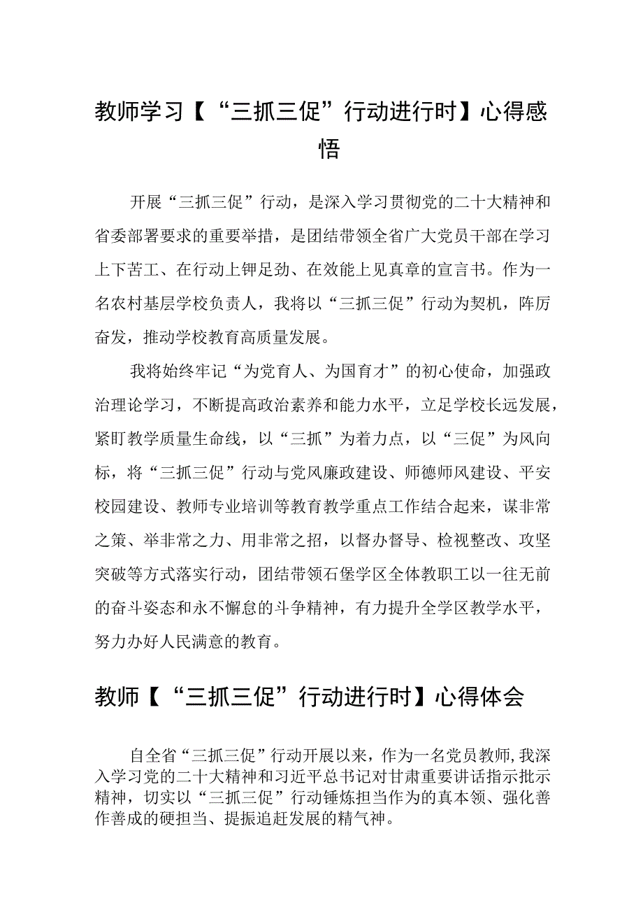 教师学习【“三抓三促”行动进行时】心得感悟(精选三篇).docx_第1页