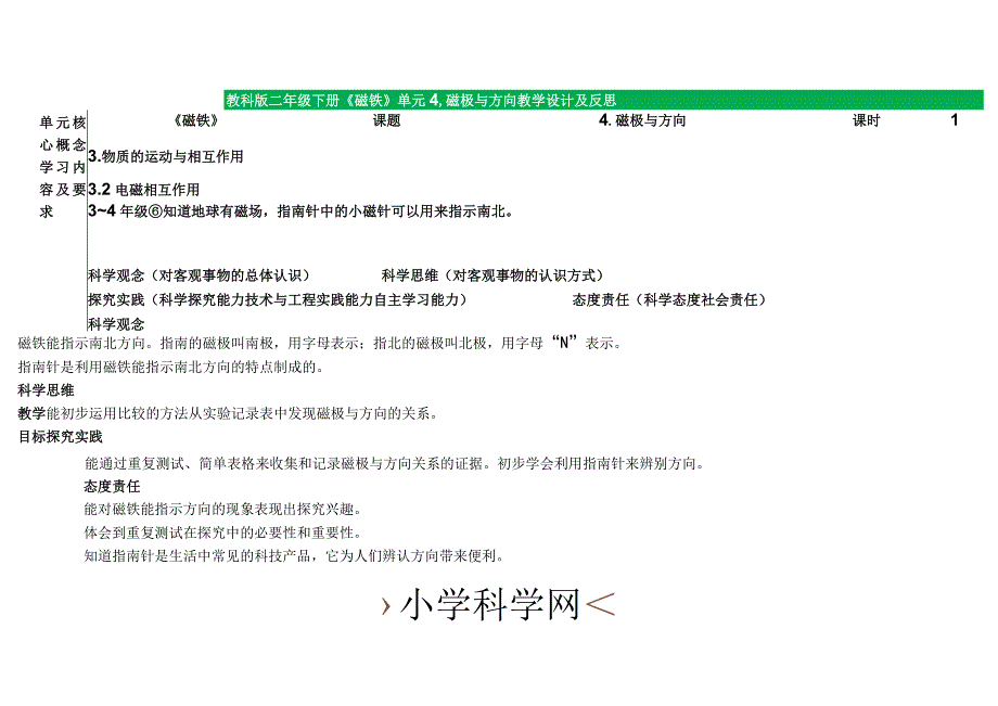 教科版二年级下册第一单元磁铁4磁极与方向（教学设计）教案.docx_第1页