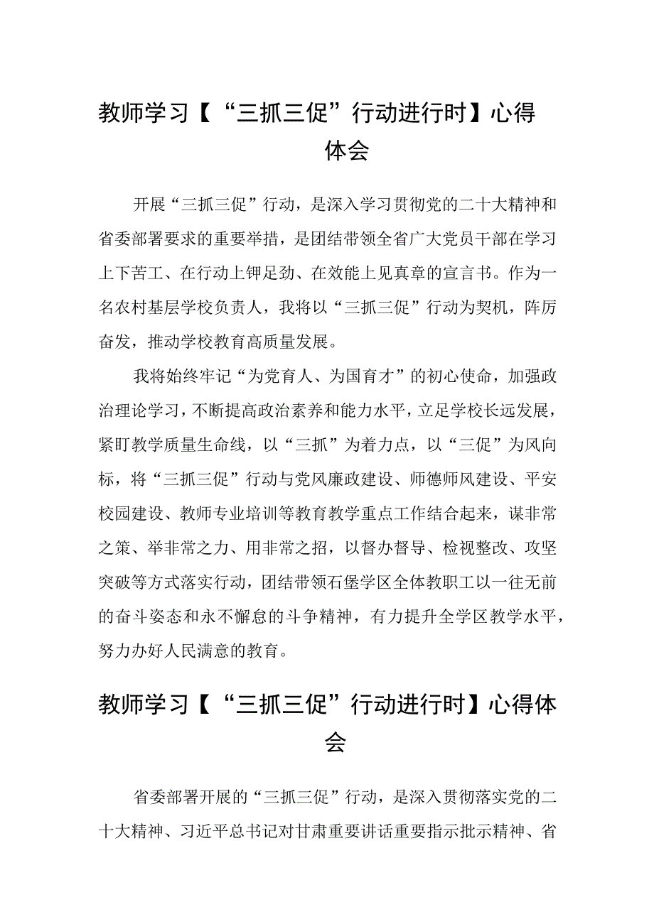 教师学习【“三抓三促”行动进行时】心得体会(精选三篇).docx_第1页