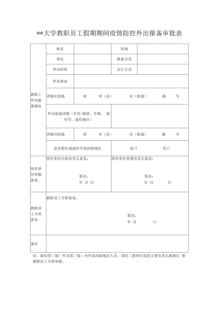 某大学教职员工疫情防控期间外出报备审批表.docx_第1页