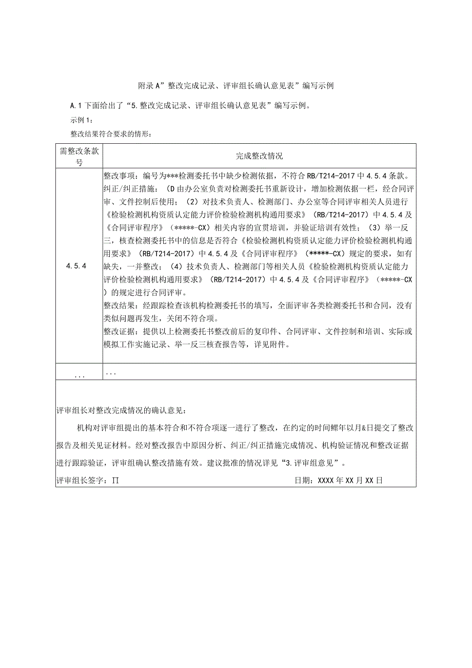 检验检测机构资质认定评审整改完成记录评审组长确认意见表编写示例.docx_第1页